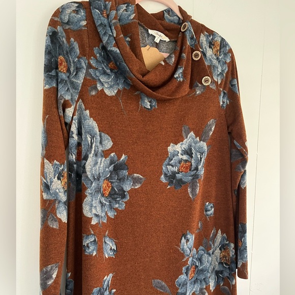 NEW Andree by Unit Brown Sweater Dress Blue Floral Cowl Neck Buttons Size L - Picture 6 of 15